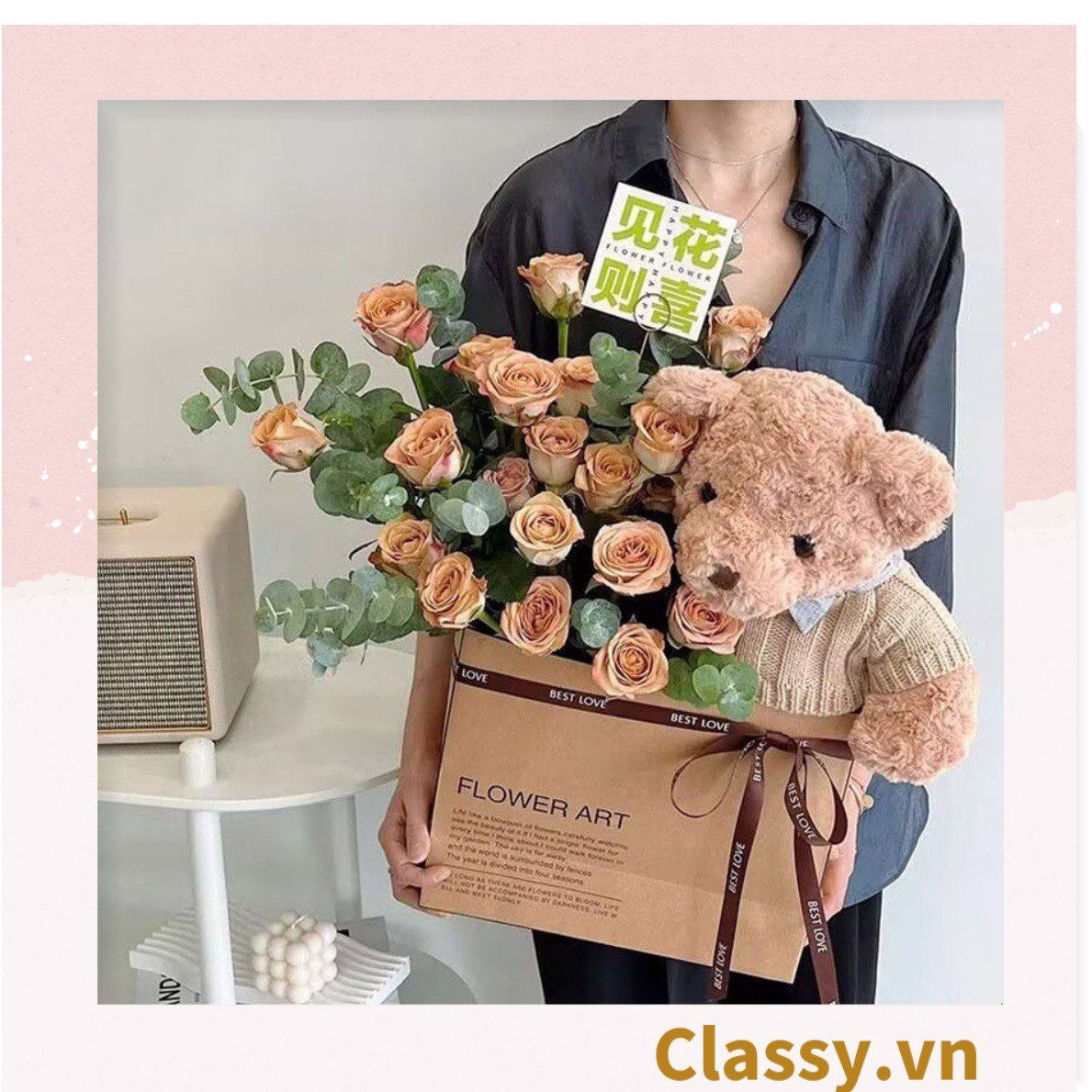 Túi giấy quai xách 30 X 25 X 13 cm đựng hoa trang trí in chữ Flower Art màu Nâu kraft vintage Q1727