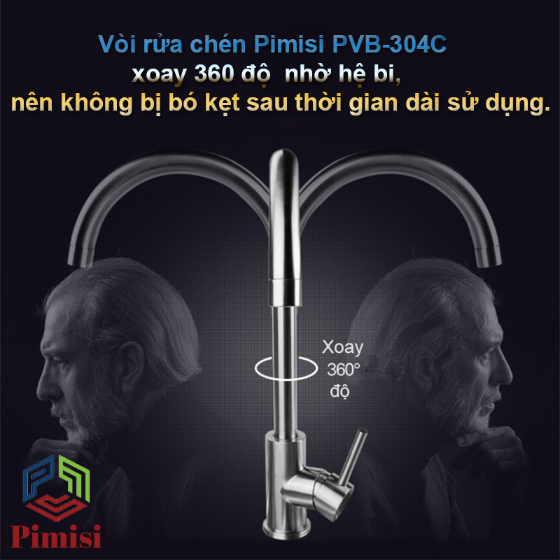 Vòi Rửa Chén Bát Pimisi PVB-304C Nóng Lạnh Inox Mờ 304 Dễ Dàng Vệ Sinh Lắp Chậu Âm-Dương Bàn Đá, Chậu Inox | Chính Hãng