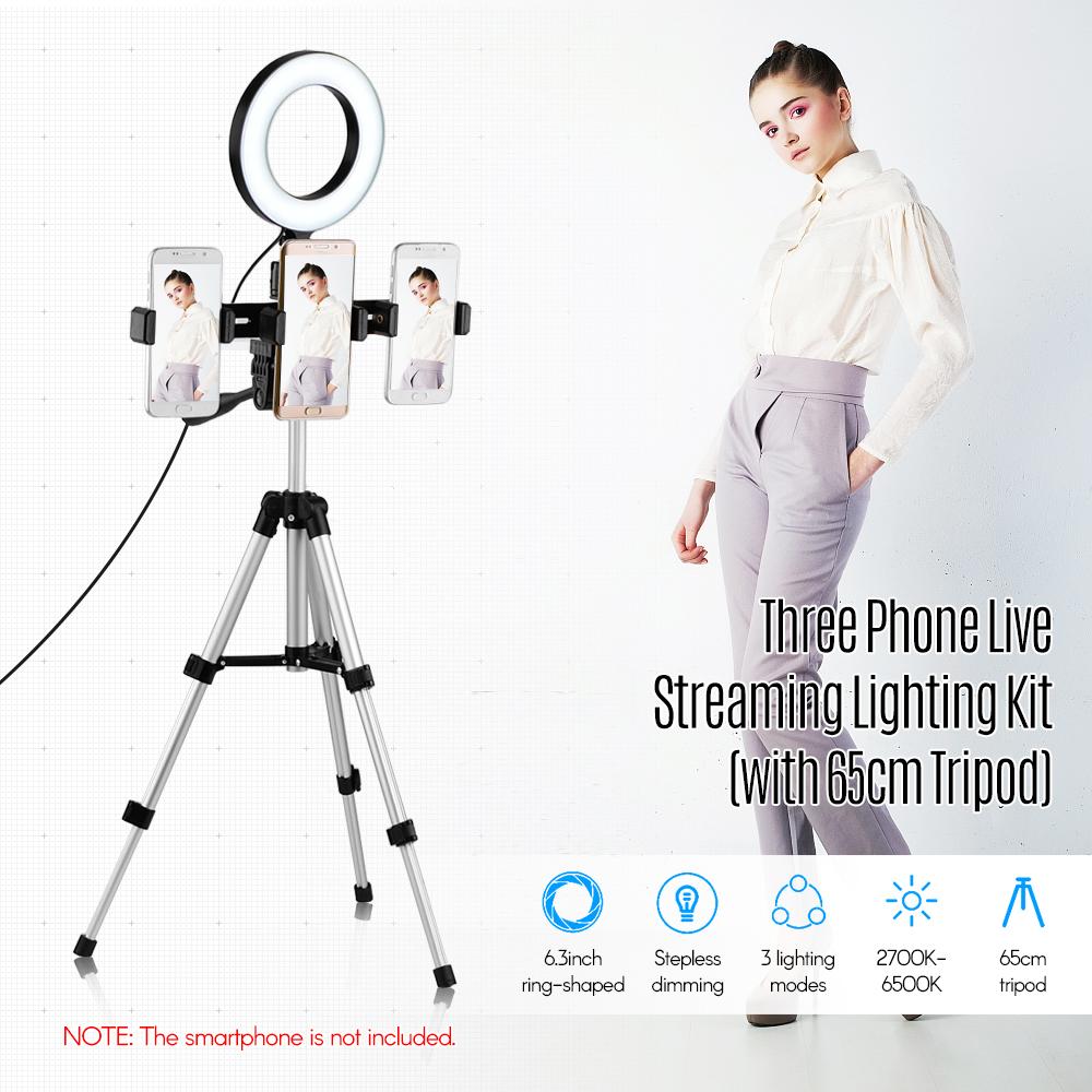 Bộ đèn phát trực tiếp ba điện thoại 6.3 inch / 16cm 2700K ~ 6500K Đèn video vòng USB có thể thay đổi hai màu