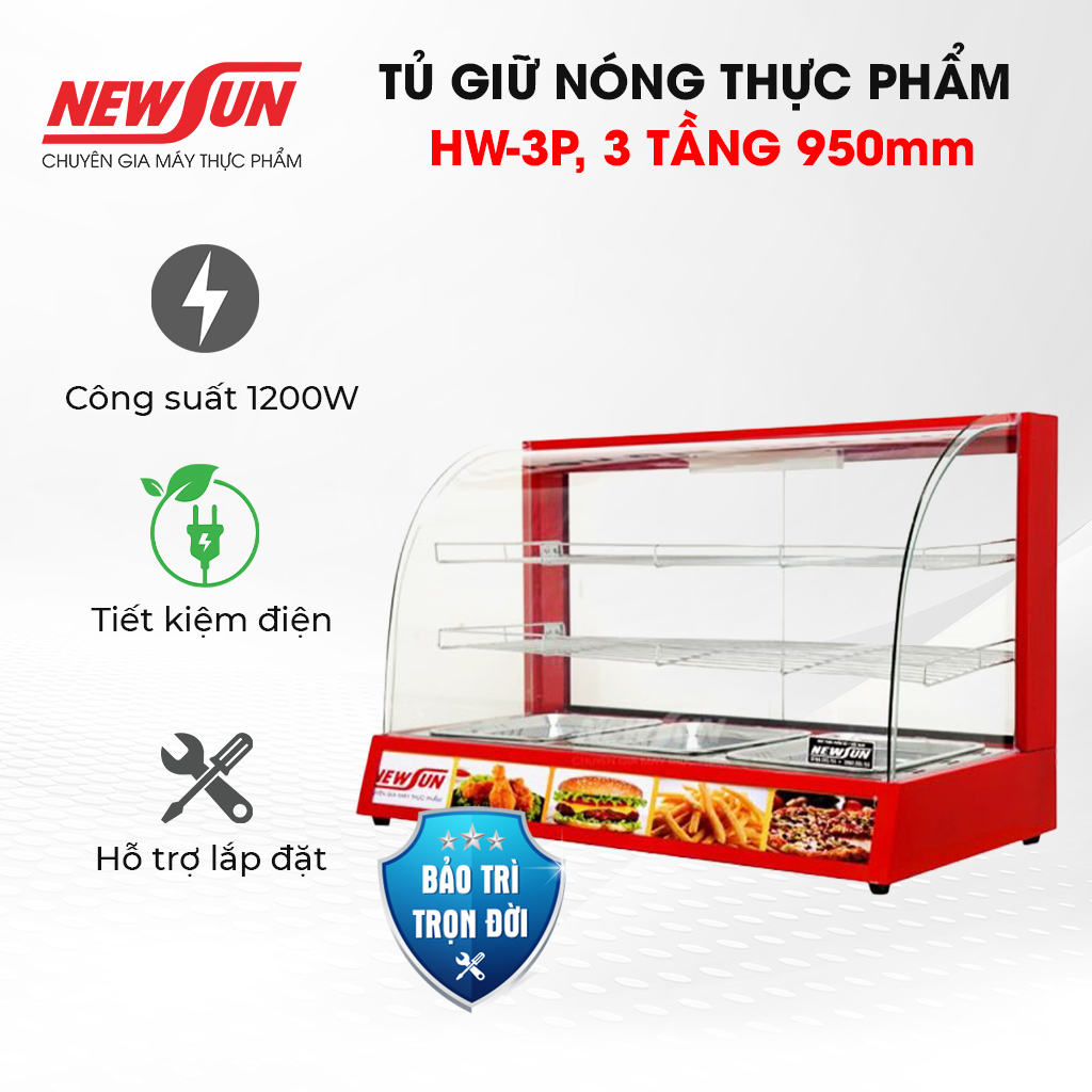 Tủ giữ nóng thức ăn 3P (kính cong) giữ nóng thức phẩm chiên rán giòn thơm NEWSUN - Hàng chính hãng