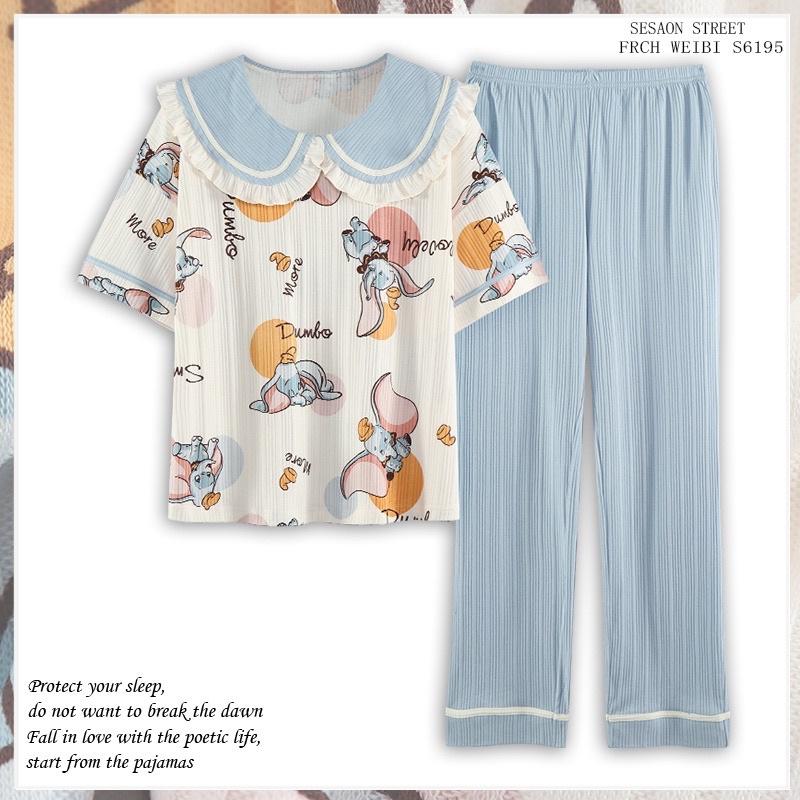 Bộ Mặc Nhà Pyjama Áo Cộc Quần Dài Cổ Tròn Chất Cotton Thấm Hút Co Dãn Mềm Mại