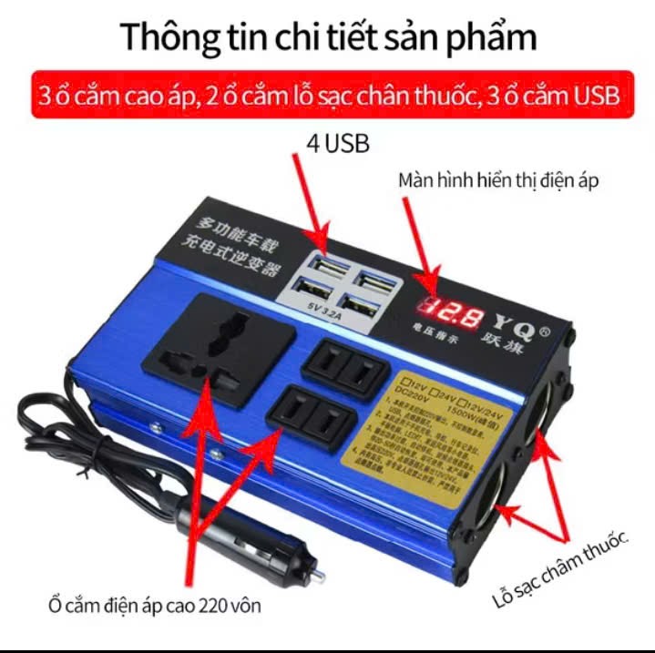 Bộ biến tần trên xe hơi ôtô  12v-24v sang 220v sử dụng cho các thiết bị nguồn USB