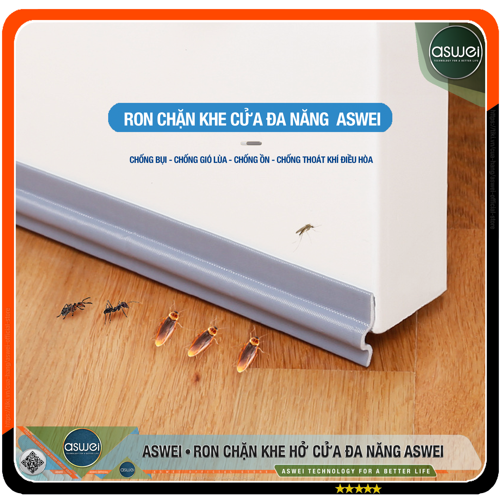 Ron Chặn Khe Cửa ASWEI - Chất Liệu PU Và PE Cải Tiến - Cuộn Ron Chặn Khe Cửa, Chân Cửa, Khung Cửa - Ngăn Gió Lùa, Cách Âm, Chống Bụi, Ngăn Côn Trùng, Chống Thoát Khí Điều Hòa - Hàng Chính Hãng