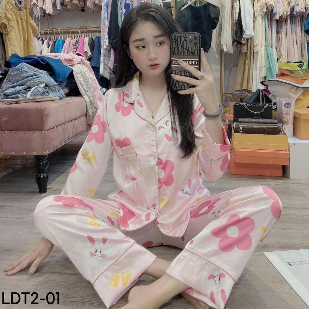 BỘ PIJAMA LỤA SATIN DÀI TAY HỌA TIẾT THỎ CỰC XINH