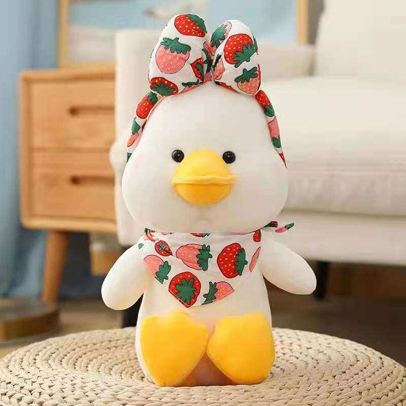 Gấu bông vịt trắng baby đeo khăn, nơ trái cây siêu dễ thương mềm mịn (25cm) vải miniso 4 chiều co giãn êm ái, an toàn cho trẻ nhỏ