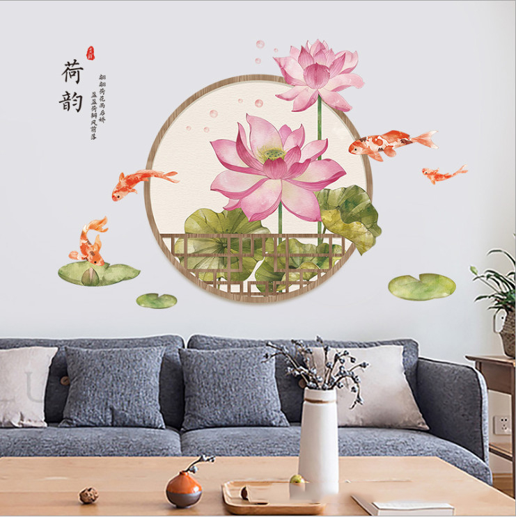 Decal dán tường Hoa sen 11 thủy mặc trang trí nhà cửa siêu đẹp, sáng tạo (75 x 108 cm)