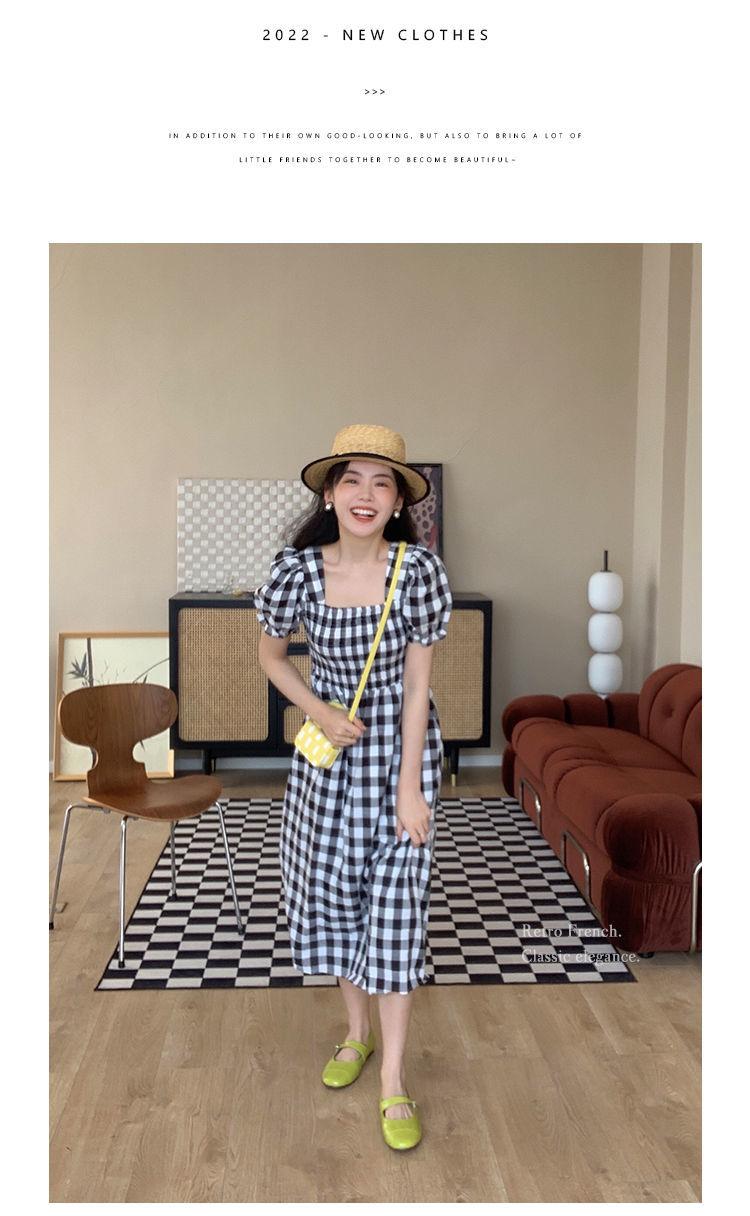 TOBE1SHOP Thanh lịch Port Wind Vintage kẻ sọc ăn vuông cổ thắt lưng sọc đi lại khí chất ngọt ngào bong bóng tay áo váy