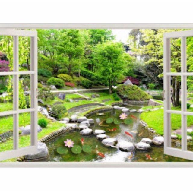 Tranh 3D cửa sổ cá koi lụa cao cấp