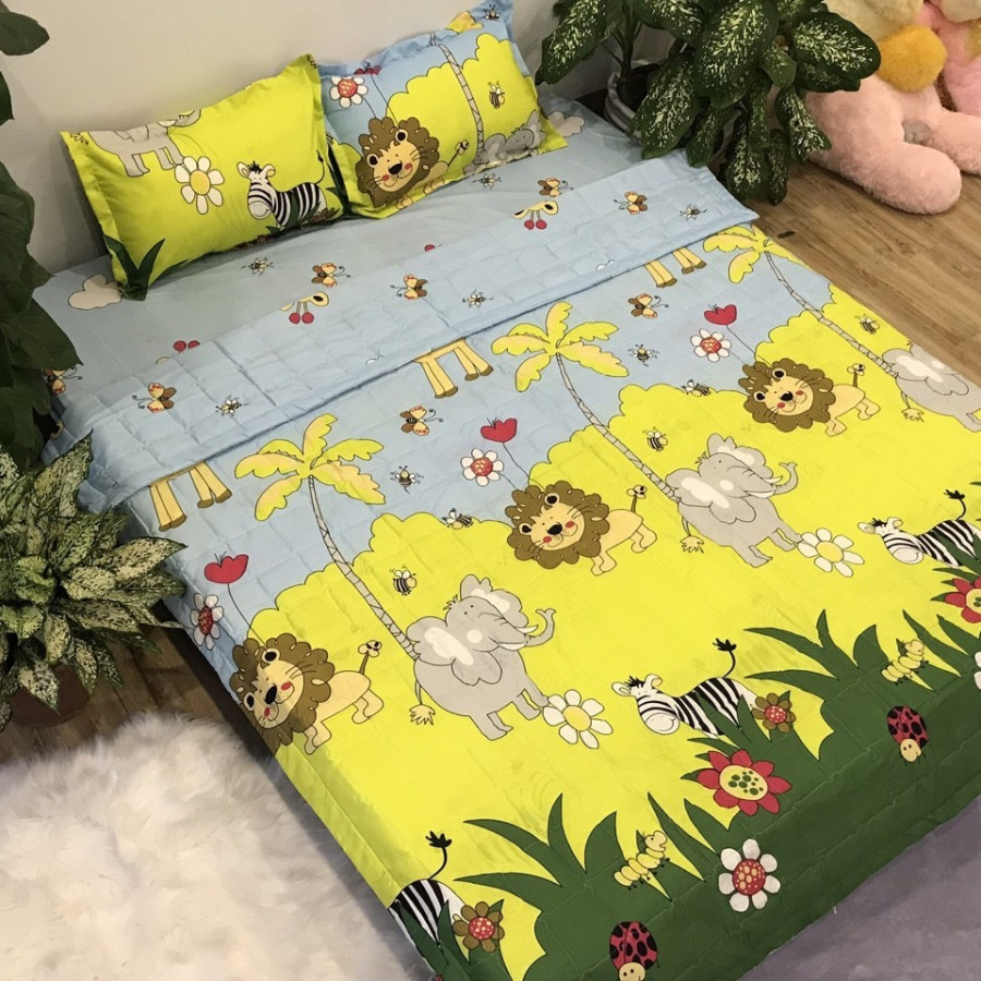 Set 5 món chăn hè ga chun Cotton Poly - Rừng Xanh - Tặng kèm 1 móc khóa Houston