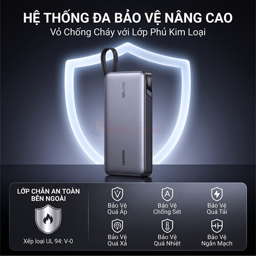 Sạc dự phòng Ugreen Power Bank Built-In Dual Cable 25cm 1USB 2Type-C 165W 25000mAh PB552 55995B - Hàng chính hãng