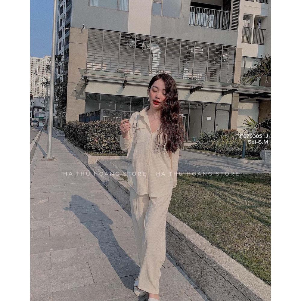 Set đũi áo sơ mi tay dài phối quần suông