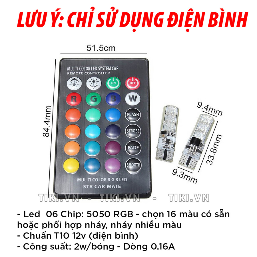 Bộ đèn LED RGB demi điều khiển đổi màu + nháy sáng chuẩn T10 12v lắp cho xe máy, ô tô