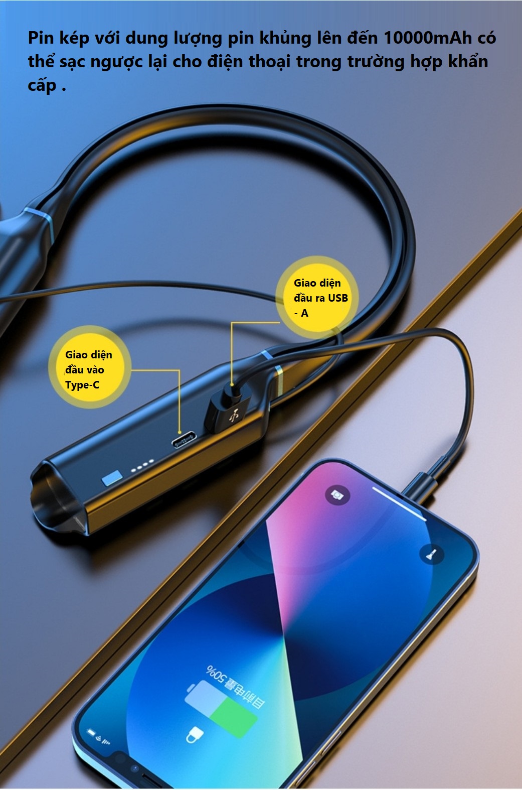 Tai nghe Bluetooth 5.2 thể thao quàng cổ pin 10000mAh  sử dụng liên tục lên đến 1000 giờ , 4 loa 8 lõi âm thanh hifi - stereo có thể điều chỉnh bass/ treble  , có khe lắp thẻ nhớ , hiển thị led báo % pin