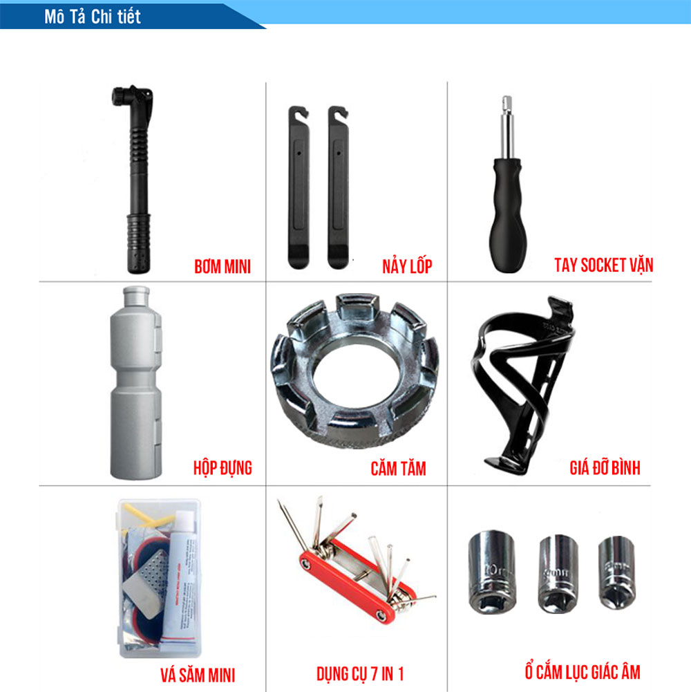 Bộ Dụng Cụ Sửa Chữa Xe Đạp Di Động Bơm Lốp Đa Năng Mini Và Vá Săm Xe Đạp Gắn Sườn Xe (Dạng Bình Nước) MaiLee