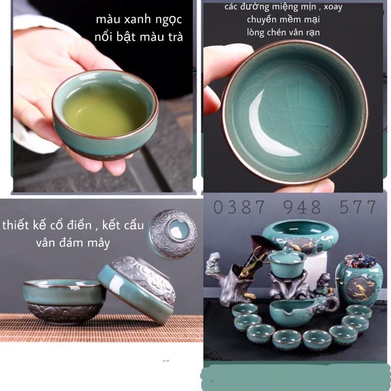 Bộ ấm chén pha trà đẹp cối xayTử sa gốm sứ cao cấp, 18 chi tiết chú tiểu màu xanh-M04