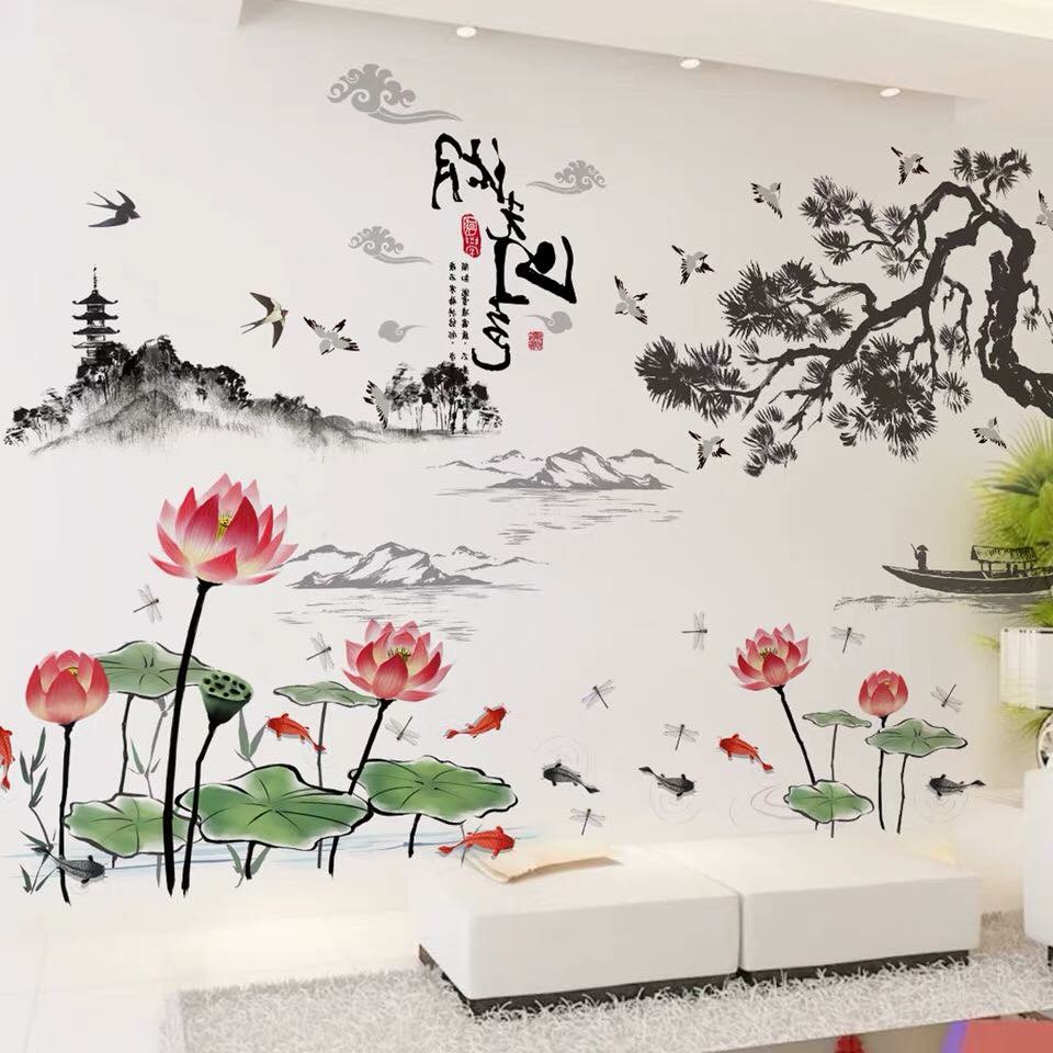 Decal dán tường Tranh sơn thủy và sen - HP509