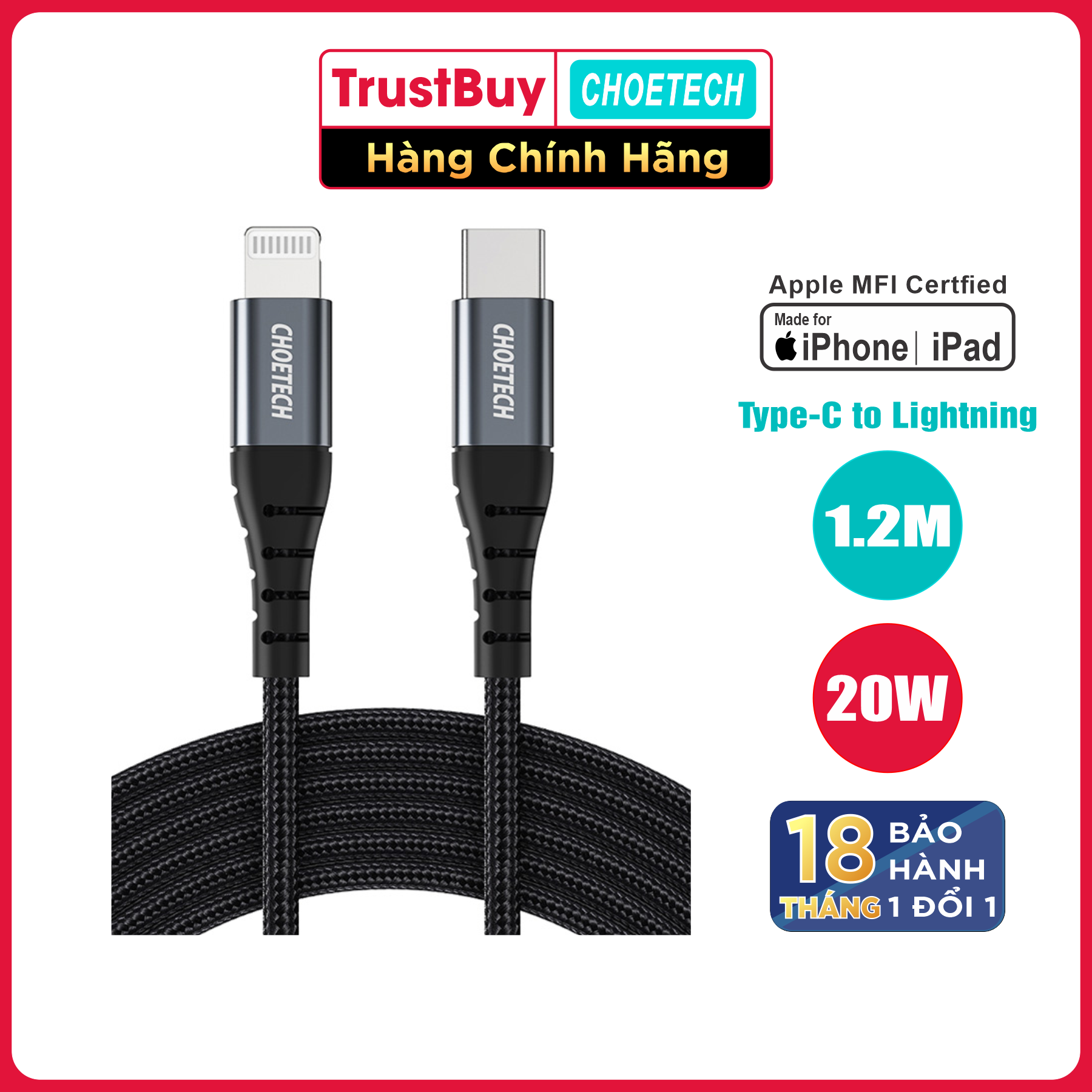 Dây Cáp Sạc Type C To Lightning CHOETECH IP0039 MFI C94 Dài 1.2M Sạc Nhanh 20W Dành Cho iPhone 11, 12, IP13, IP14, Cho iPad - Hàng Chính Hãng