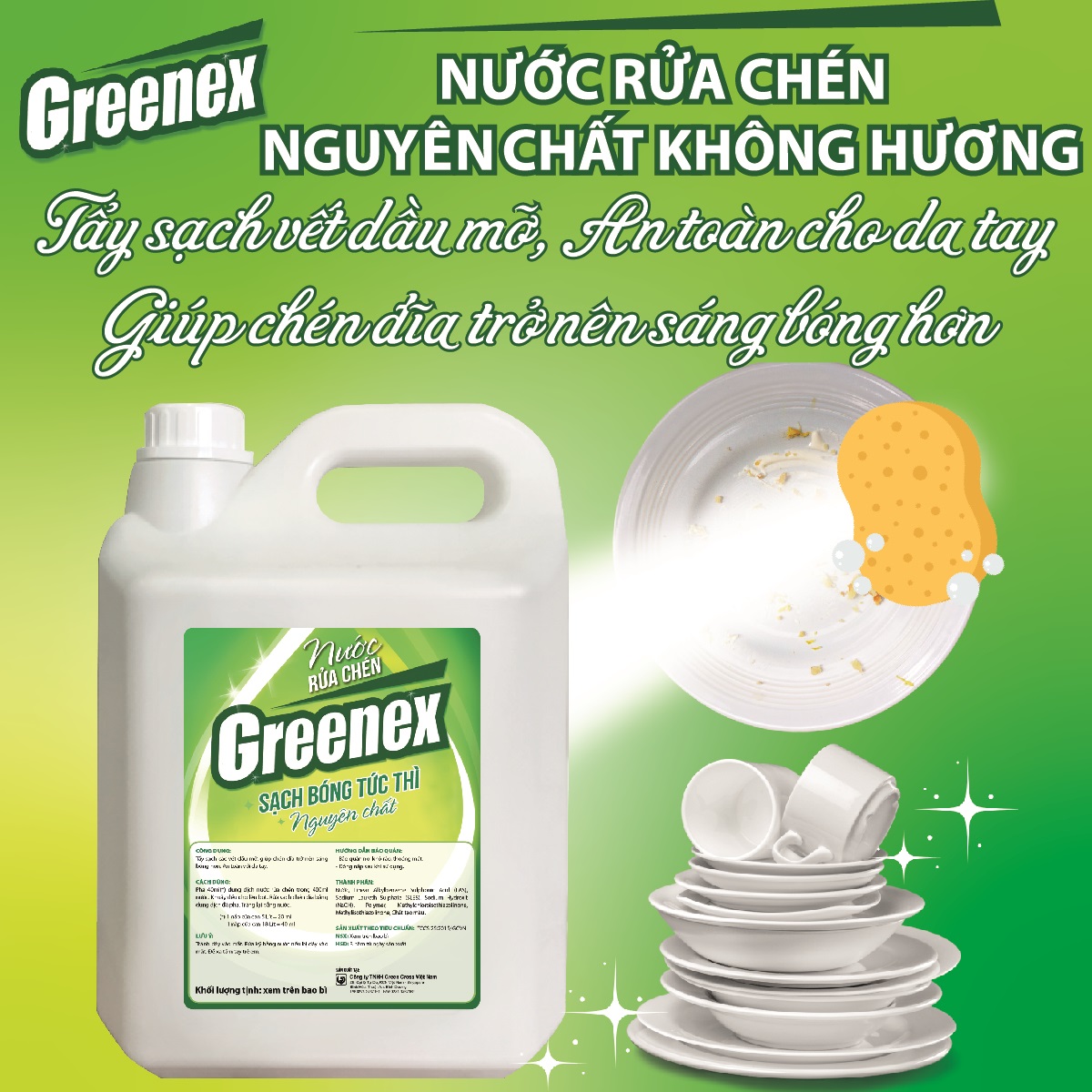Nước rửa chén 100% Thiên nhiên An toàn Hương thơm dịu nhẹ Greenex Can 5 Lít Tiết kiệm Không Hương