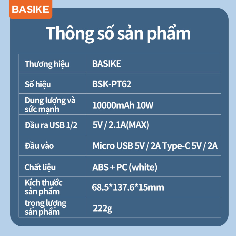 Sạc Dự Phòng 10000mAh BASIKE PT62 có hai đầu ra USB thích hợp cho iPhone và Android - Hàng Nhập Khẩu