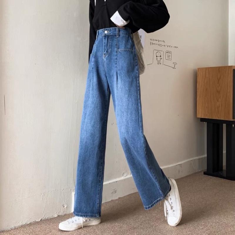 Quần Jeans Ống Suông Rộng Cạp Cao Nhiều Túi Hàng Quảng Châu Chất Dày Đẹp