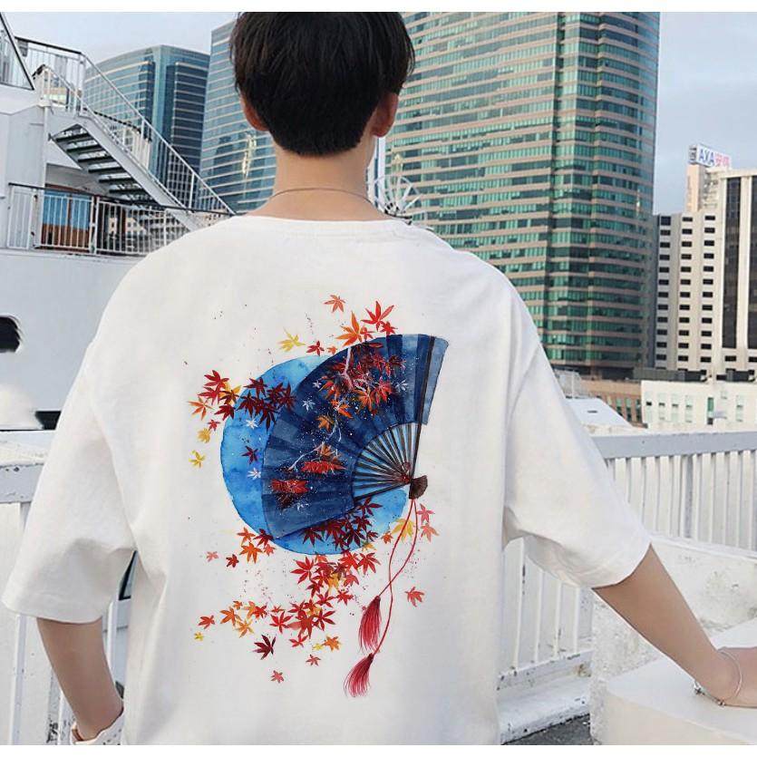Áo Thun Tay Lỡ Unisex Hoa Đỏ Trên Quạt Xanh Cực Chất