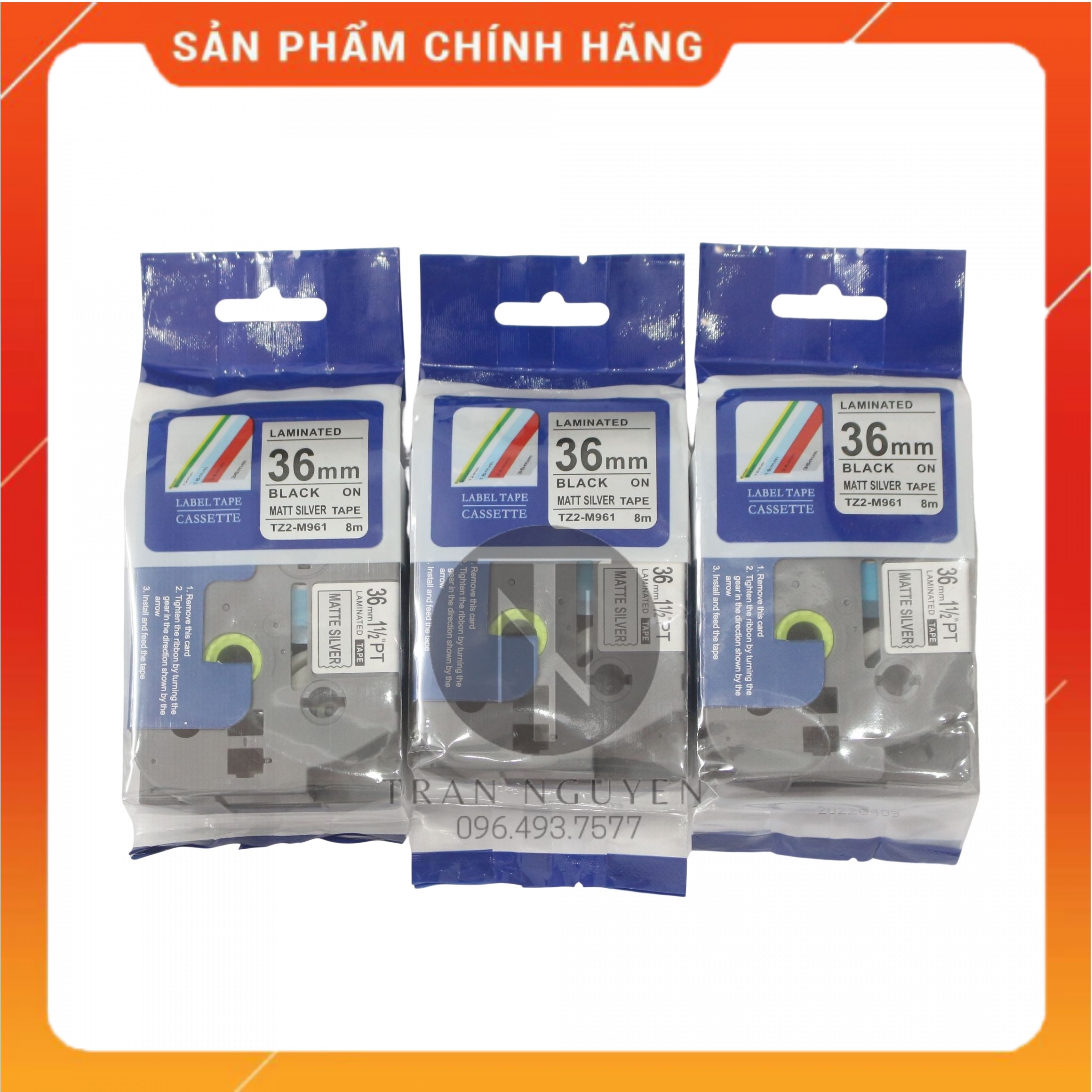Nhãn In đa lớp Tz2-m961 - Đen nền bạc 36mm x 8m - Hàng nhập khẩu