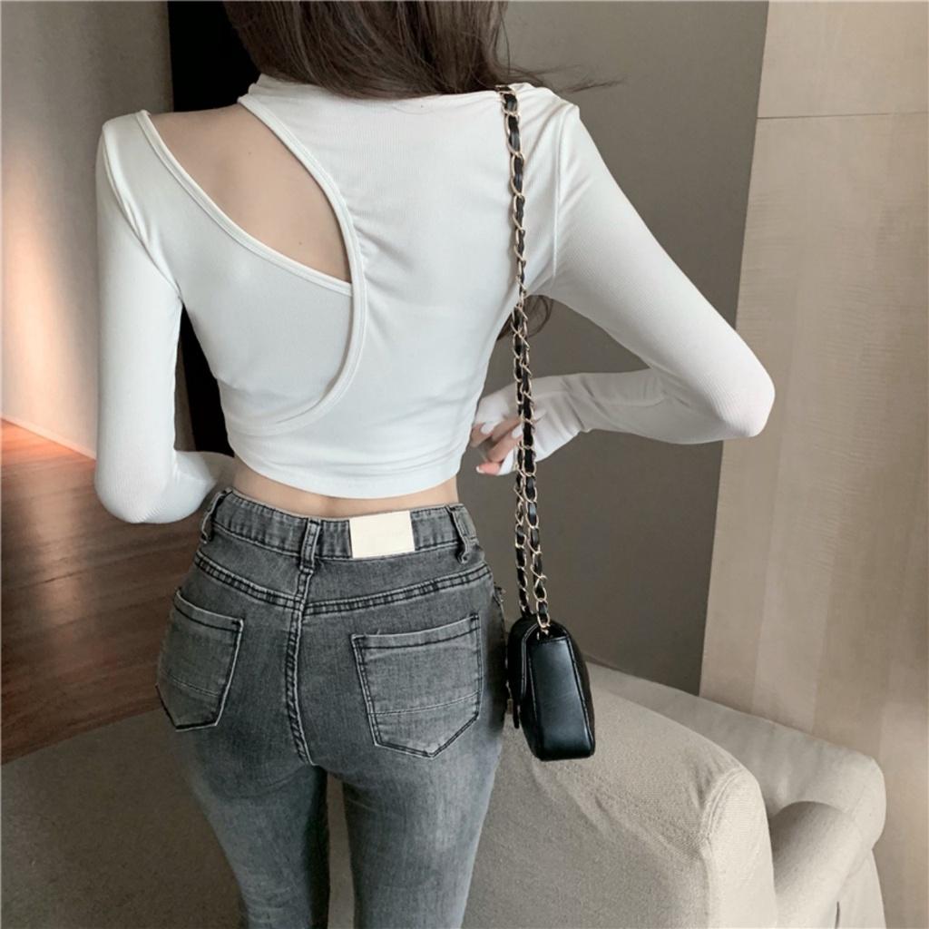 Áo croptop nữ body dài tay HAGA hở vai cổ tròn phối lồng thân ALTD11