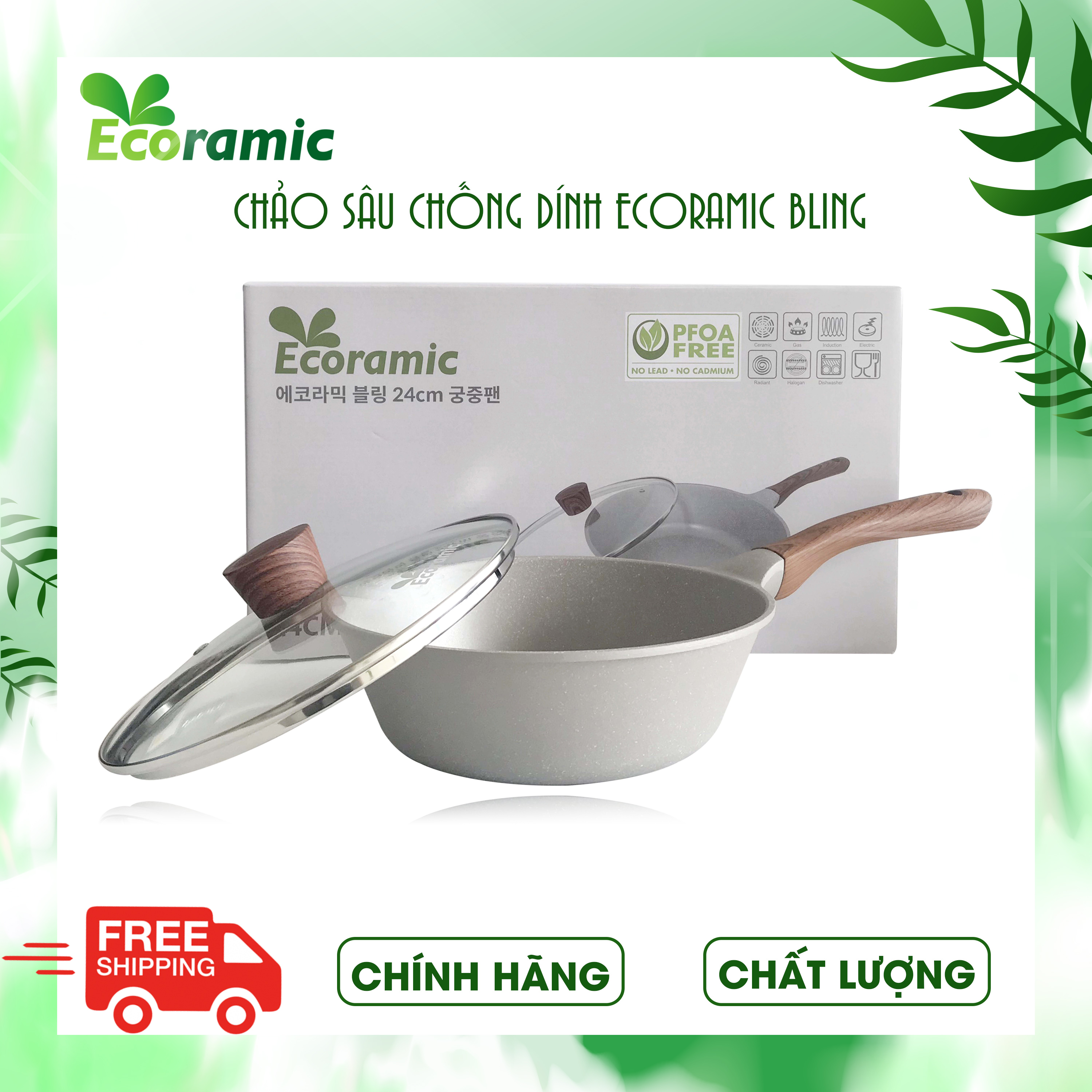 Chảo Sâu Chống Dính Ecoramic Bling Size 24 Chính Hãng Cao Cấp, Siêu Bền, Dùng cho mọi loại bếp, Bảo hành chính hãng 2 tháng