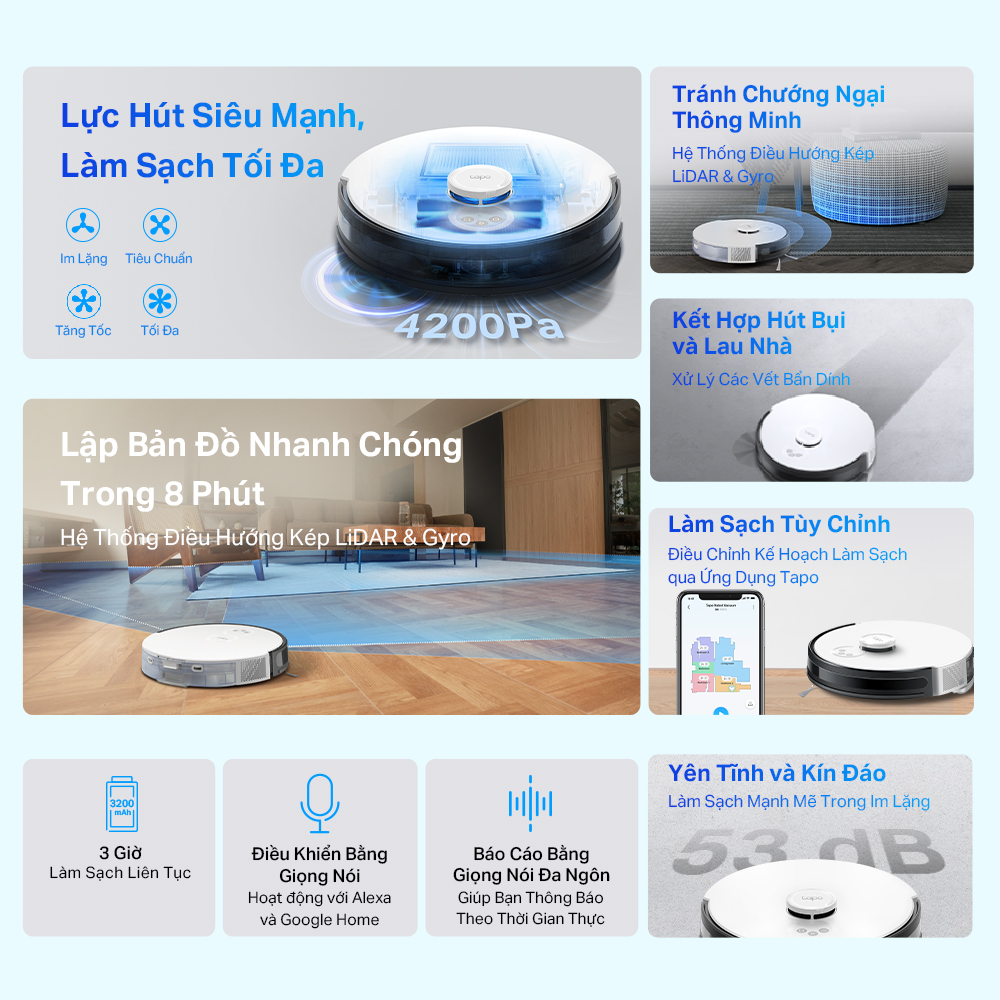 Robot Hút Bụi Và Lau Nhà TP-Link Tapo RV30C Mop / RV30C Mop Plus Điều Hướng LiDar & Gyro Công Suất 4200Pa - Hàng Chính Hãng