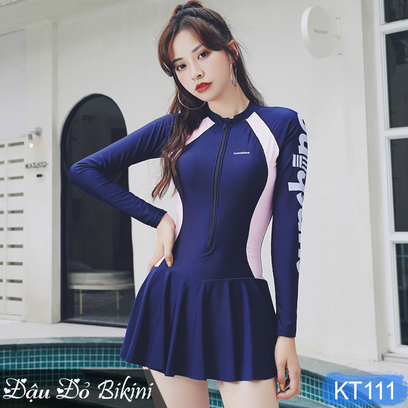 Áo Tắm Big Size Nữ Dáng Liền Thân Dài Tay Khóa Kéo, Có Size Lớn Đến 90Kg, Mẫu Thể Thao Trẻ Trung, Che Bụng Tốt, Chất Thun Bơi Lạnh Dày Đẹp Kt111 - Tím Than - M