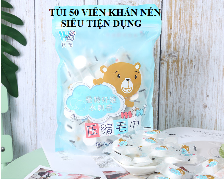 Túi 50 khăn giấy nén hình gấu bằng cotton, dạng viên kẹo dùng 1 lần GD593-KNenGau-50