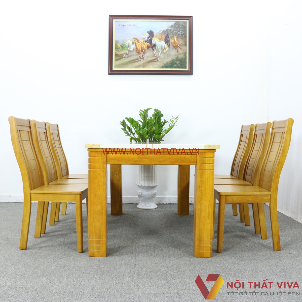 Bộ Bàn Ăn 6 Ghế Gỗ Xoan Mặt Đá Cẩm Thạch Cao Cấp Màu Vàng Mờ Hiện Đại