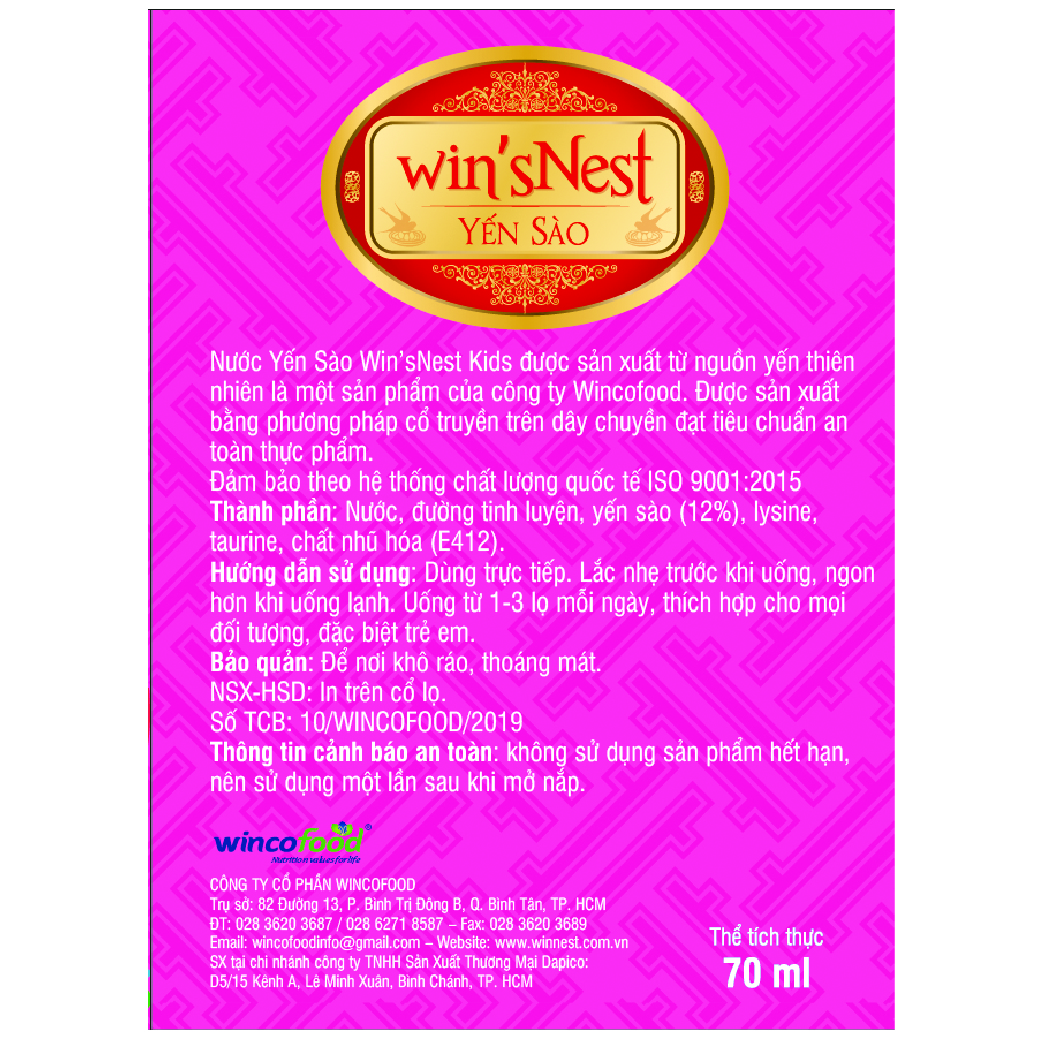 Nước yến sào win'sNest Junior 12% ( 70ml ) thích hợp cho mọi đối tượng, đặc biệt trẻ em biếng ăn