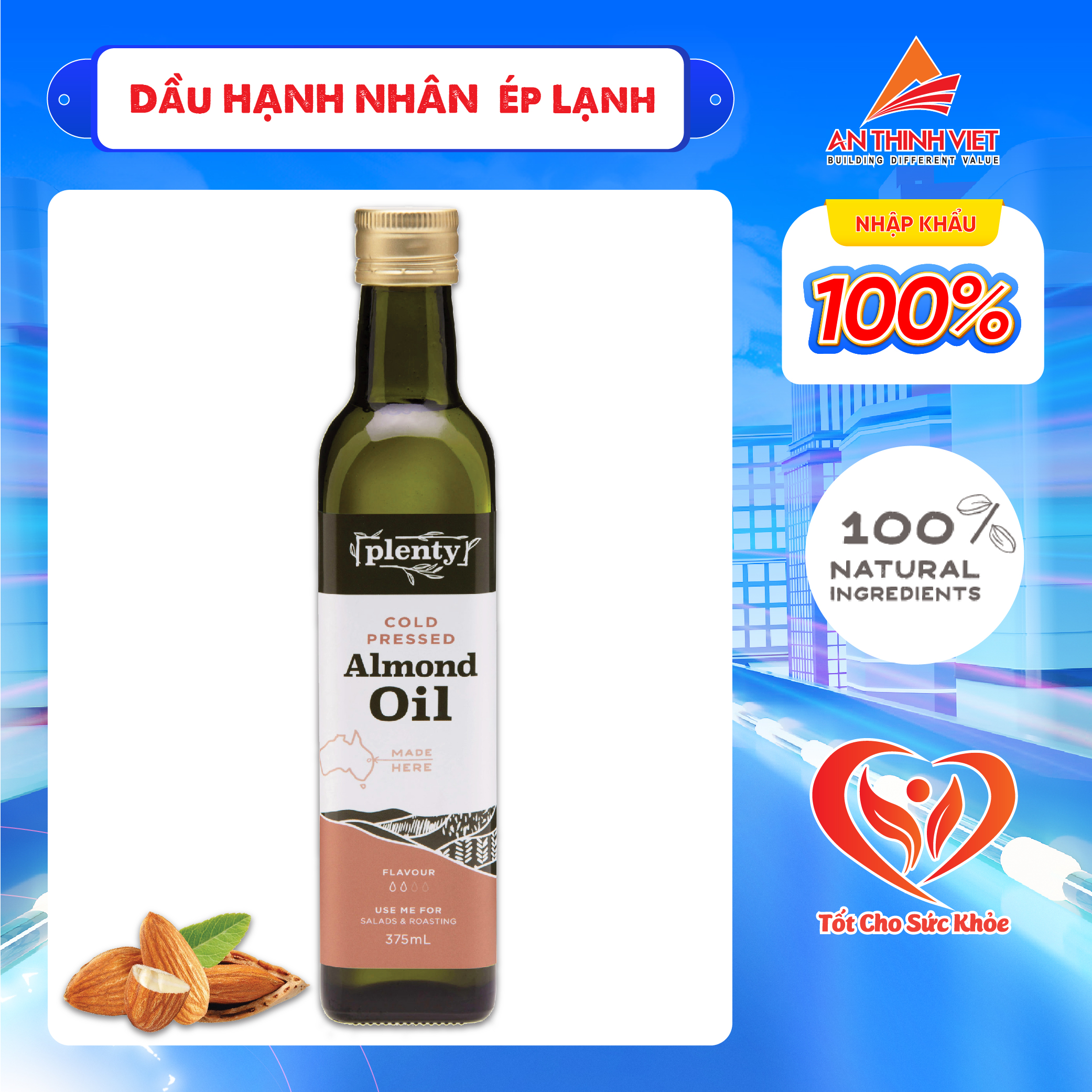 Dầu hạnh nhân ép lạnh - almond oil Plenty Foods Chai 375ml
