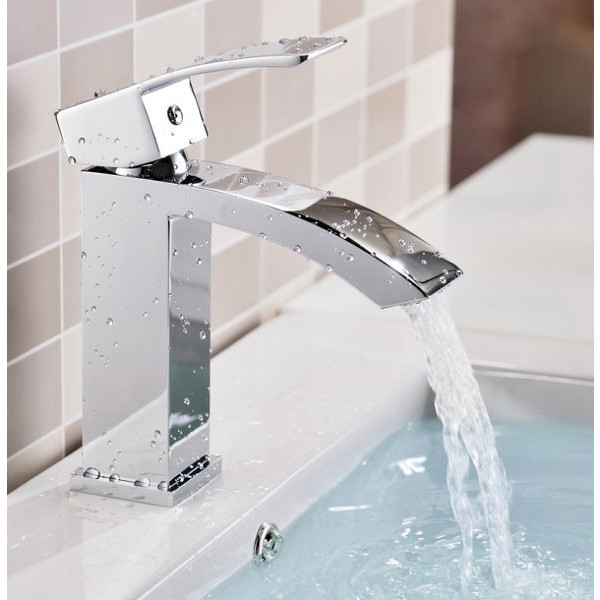 Vòi Lavabo nóng lạnh trụ vuông vòi cong - Hợp kim + 2 dây cấp