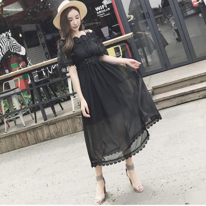Đầm maxi voan dáng dài phối ren phong cách Hàn Quốc (màu đen