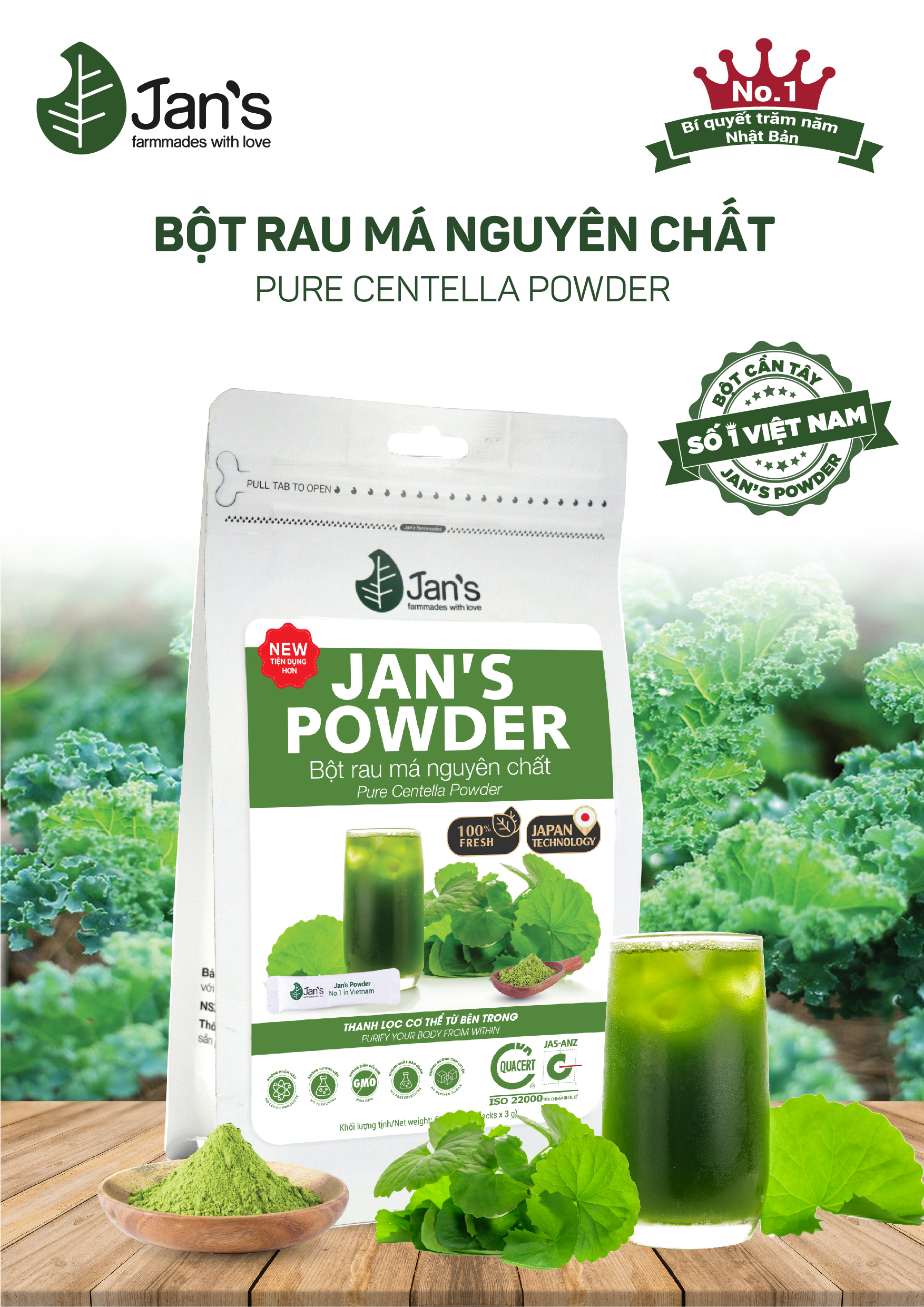 Bột Rau Má nguyên chất sấy lạnh Jan's túi 60g