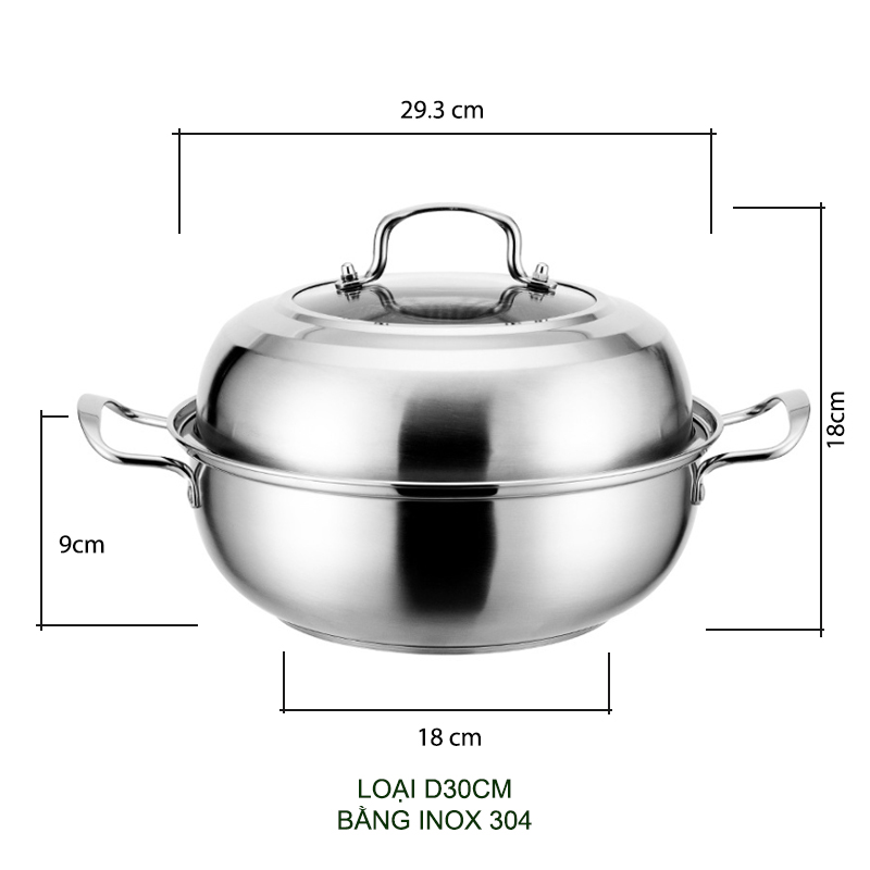 Bộ nồi lẩu hơi, nồi hấp đa năng làm bằng inox 304, loại D30-32cm tùy chọn, đáy 3 lớp dùng được cho bếp từ