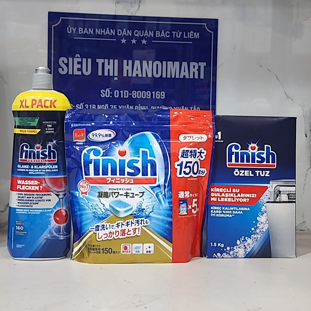 Combo Viên rửa bát Finish Nhật 150 viên  Muối rửa bát Finish 1,5kg  Nước làm bóng bát Finish 800ml – Combo 3 món viênmuốibóng – Siêu Thị Hanoimart