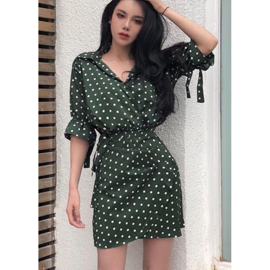 Đầm ôm cổ sơ mi chấm bi đài rời, chất vải mềm mát, hàng nhập Quảng Châu