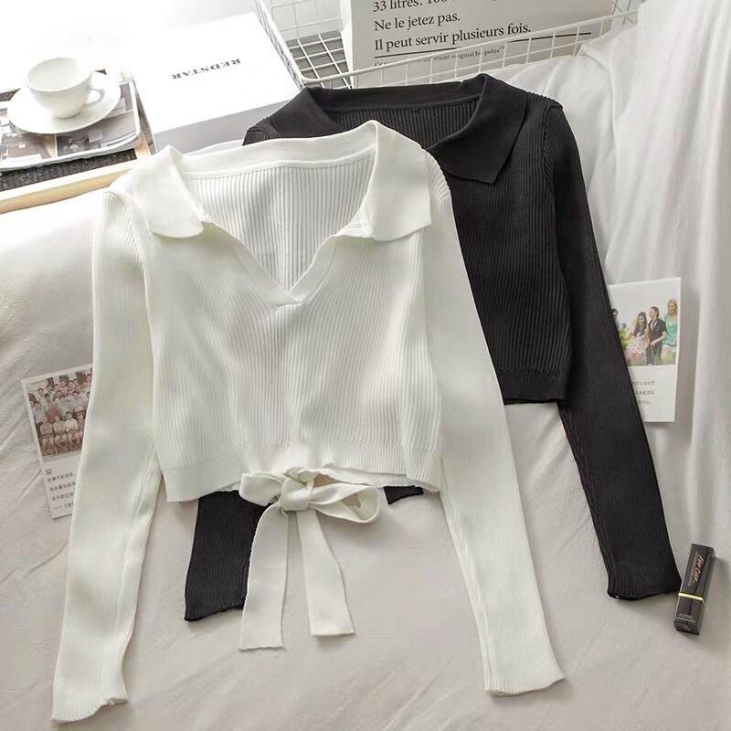 Áo len tăm nữ dài tay cổ bẻ xẻ V dây buộc sau hở lưng dáng croptop