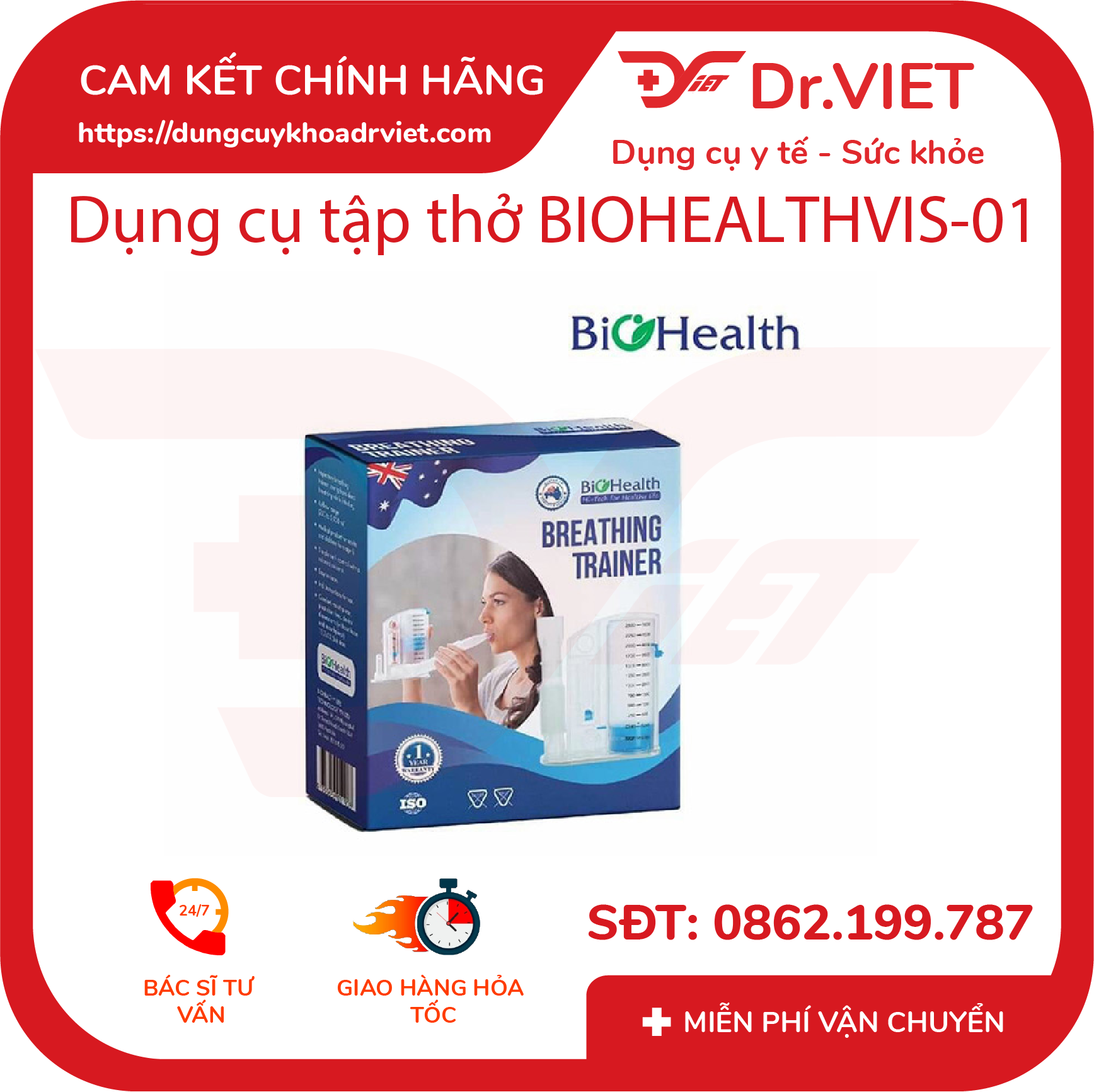 Dụng cụ tập thở BioHealth - VIS 01 hỗ trợ tập thở cho bệnh nhân mắc bệnh về hô hấp - phổi - Dr.Viet