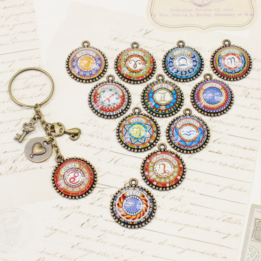 Móc khóa 12 cung hoàng đạo Zodiac màu sắc tươi sáng phong cách retro siêu đẹp 06646-MK0025