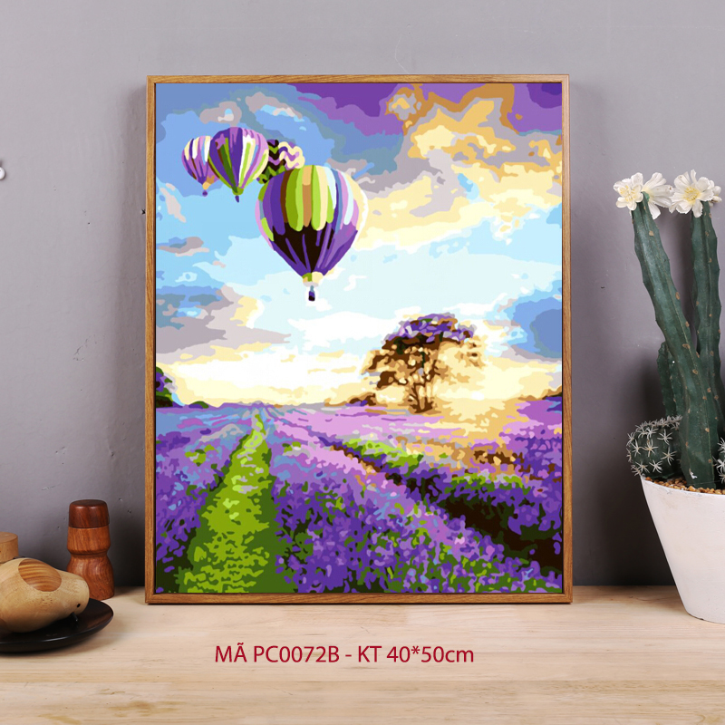 Tranh số hóa tự tô màu theo số - Tranh khinh khí cầu đồng hoa Lavender Khơi nguồn hạnh phúc mã PC0072B