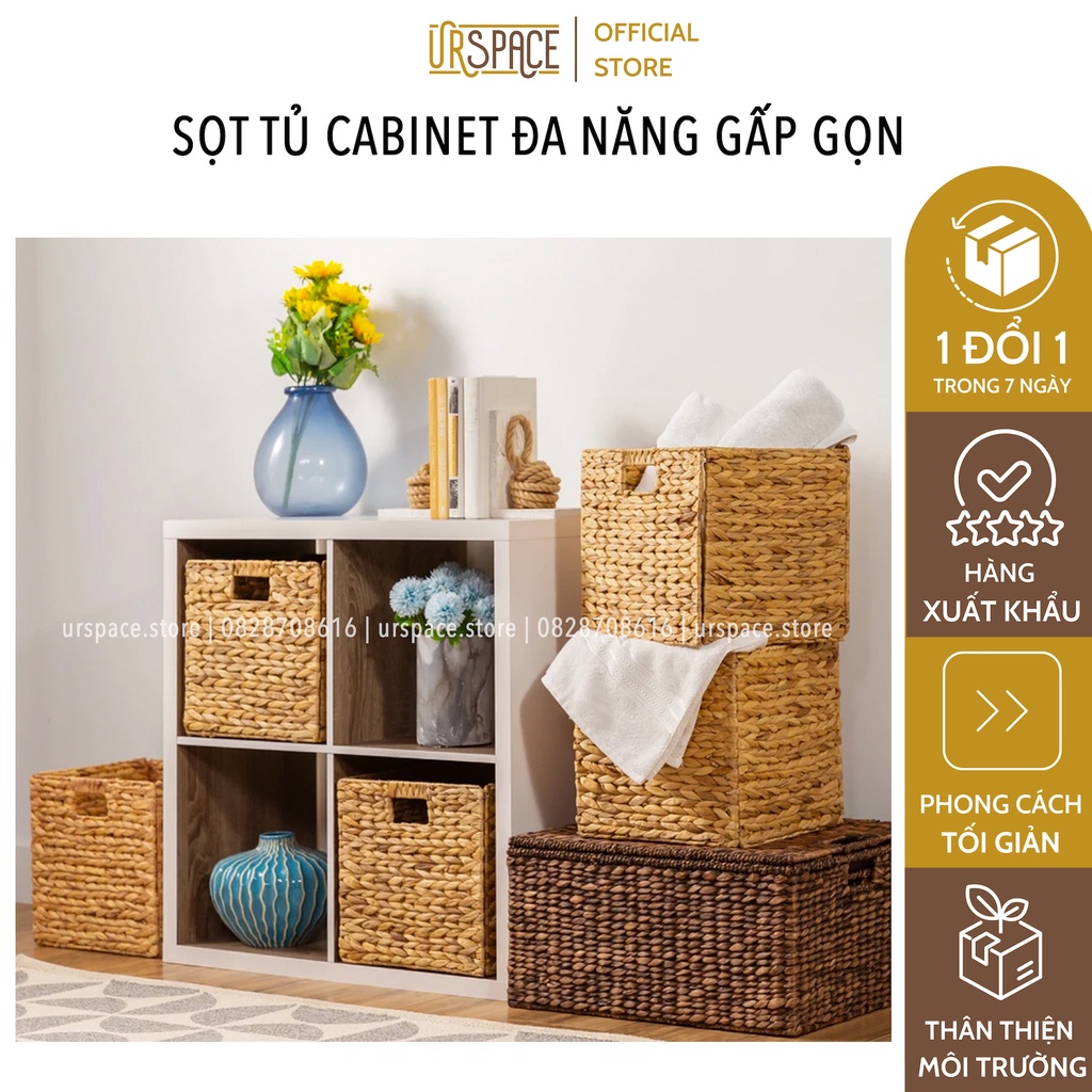 Giỏ cói không nắp URSPACE đựng đồ đa năng hình vuông có thể gấp gọn size 30 / HYACINTH FOLDING BASKET SIZE 30