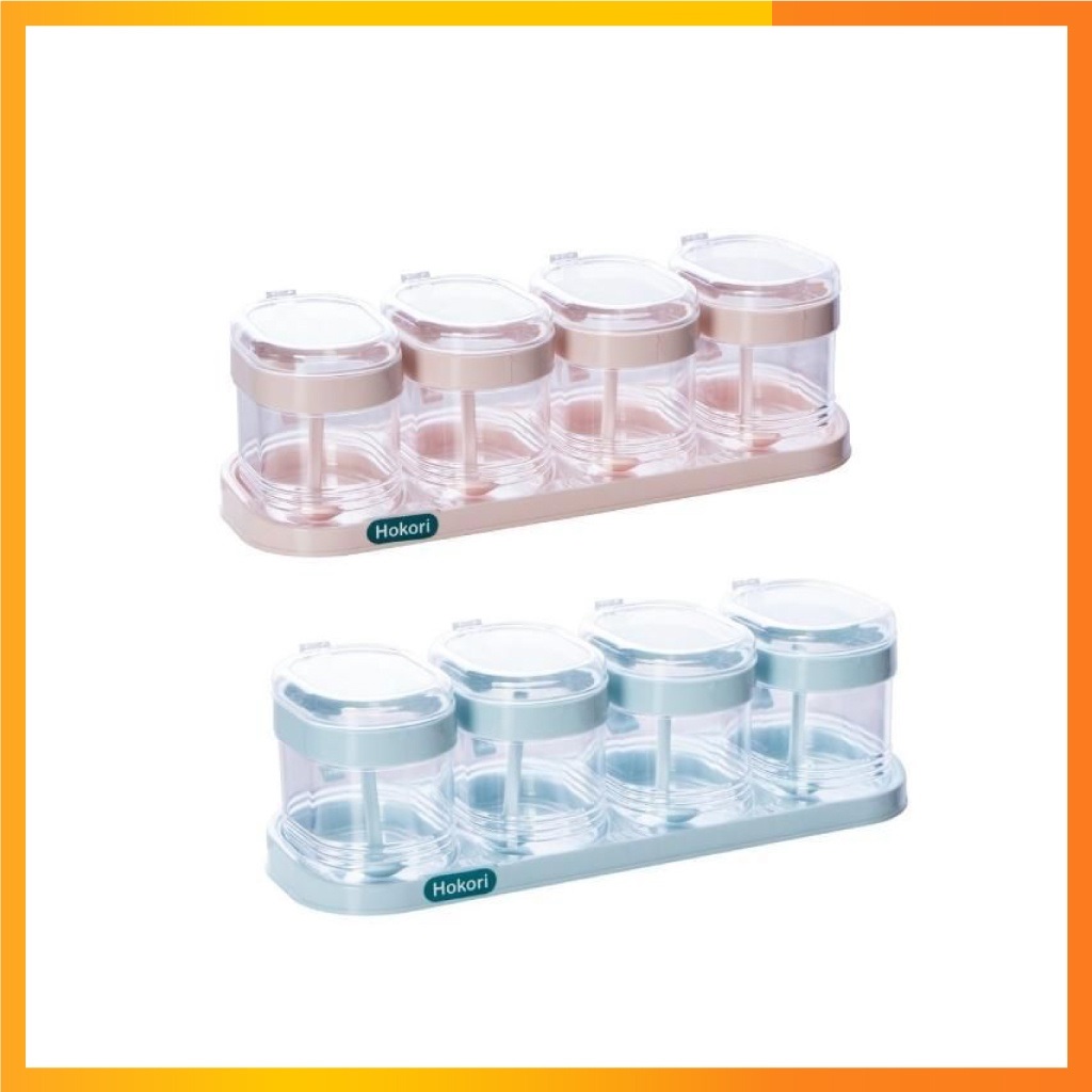 Set hũ đựng gia vị HOKORI nhựa trắng trong suốt kèm muỗng