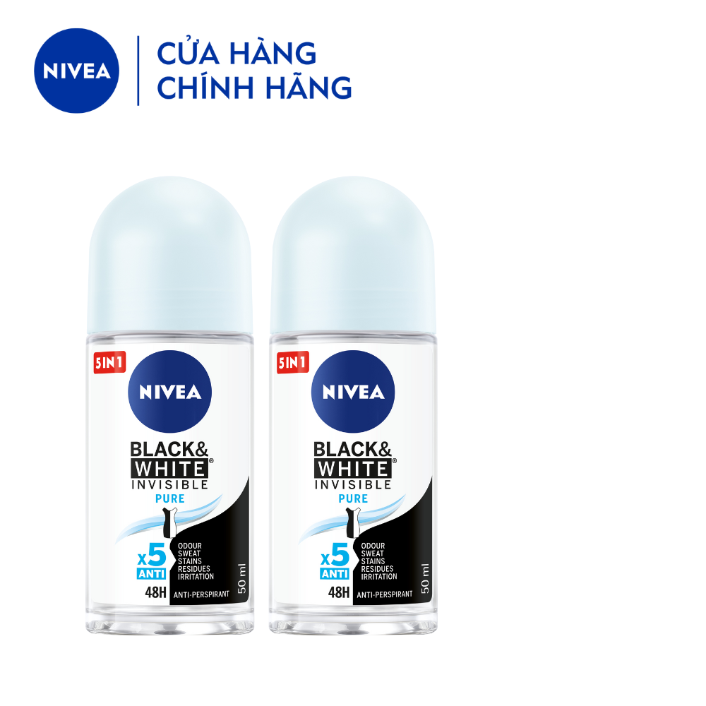 Bộ 2 Lăn Ngăn Mùi NIVEA Black &amp; White Ngăn Vệt Ố Vàng Vượt Trội 5in1 (50 ml) - 82234