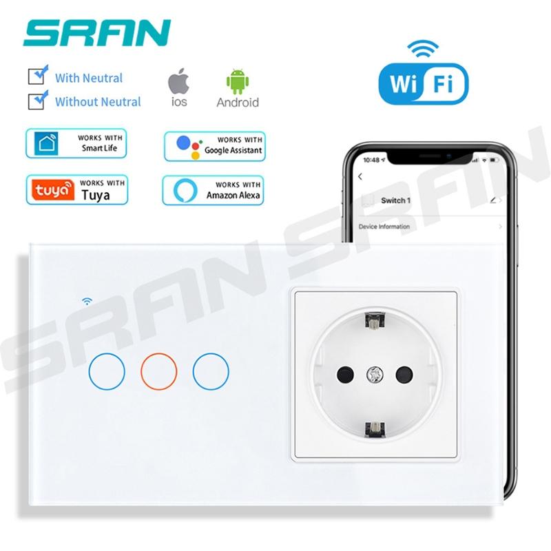 Công Tắc Thông Minh Wifi TUYA, Hình Chữ Nhật Cảm Ứng 3 nút + Ổ điện EU