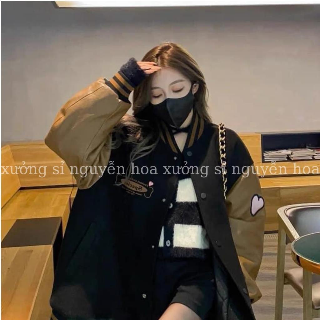 Áo khoác bomber phối tay da nâu trái tim form dáng rộng unisex nam nữ mặc được bao ngầu bao chất