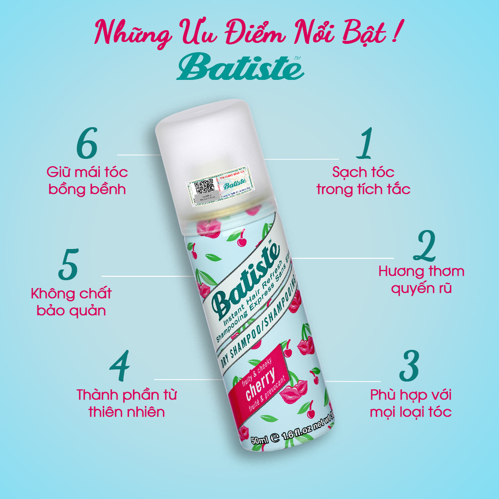 Dầu Gội Khô Batiste Dry Shampoo 50ml Làm Sạch Tóc Tức Thì (Size nhỏ tiện dụng)